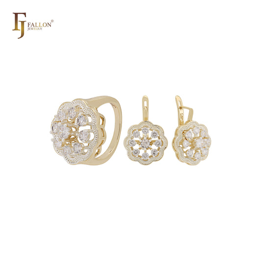 Gran conjunto de joyas de oro de 14 quilates en dos tonos con halo de flores de circonitas blancas y anillos.