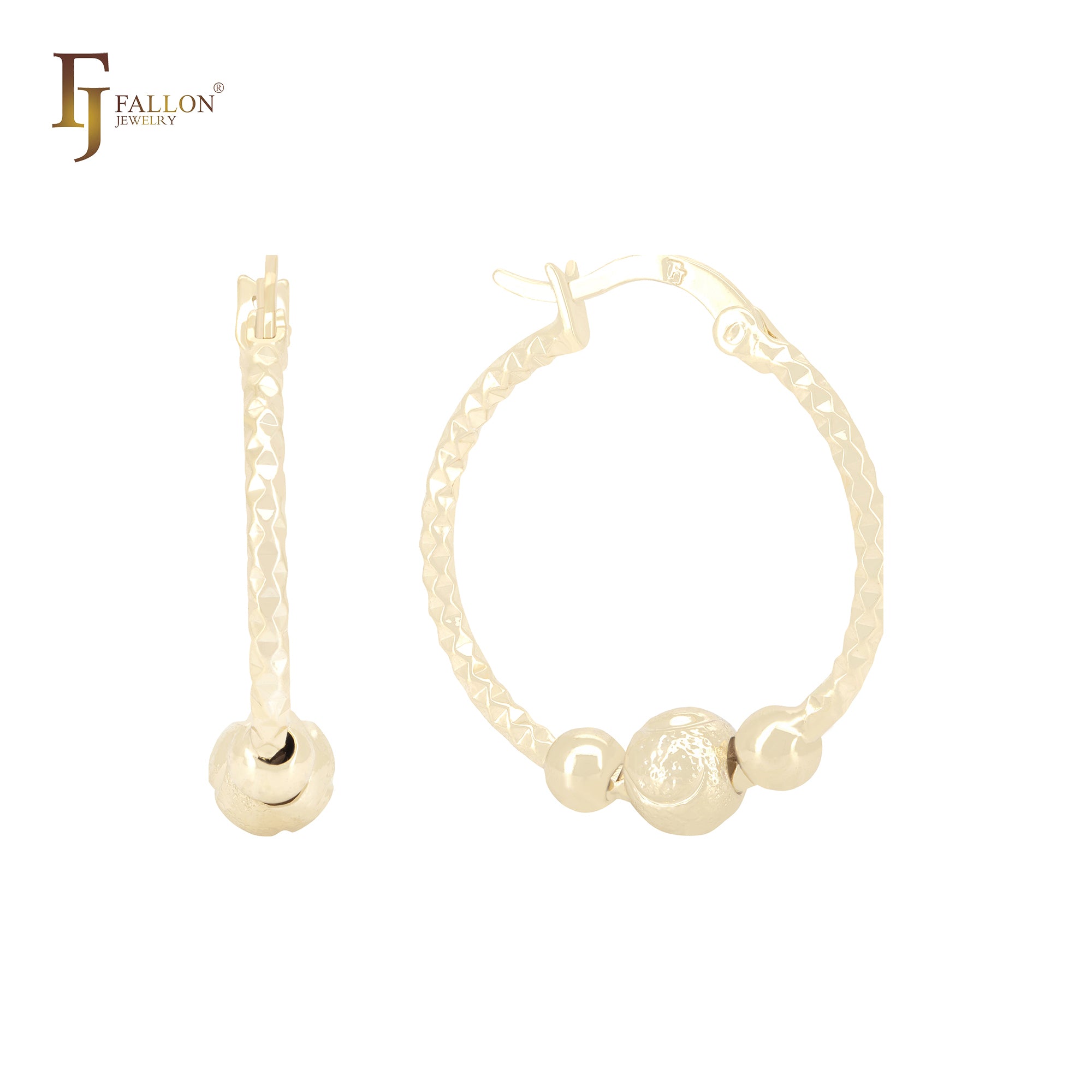 Rhombus textured Beaded 14K Gold Hoop Earrings