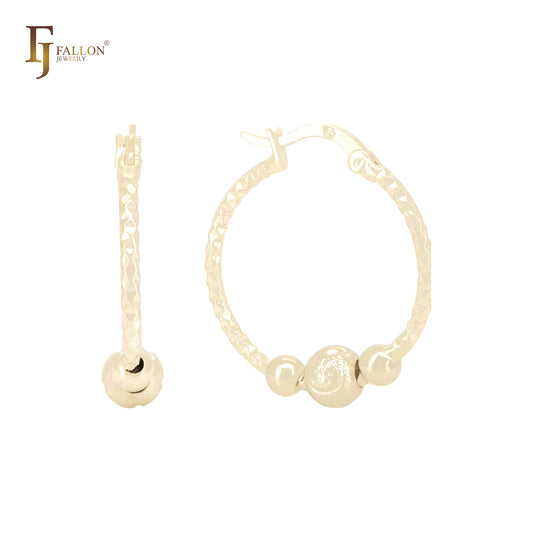 Rhombus textured Beaded 14K Gold Hoop Earrings