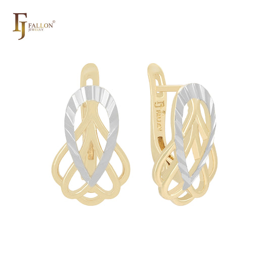 Elegantes pendientes de clip en dos tonos de oro rosa y oro de 14 quilates con filigrana de flores