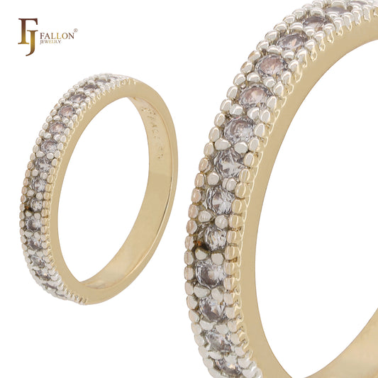 Anillos de boda de eternidad de dos tonos con circonitas blancas pavimentadas en oro de 14 quilates y oro rosa.