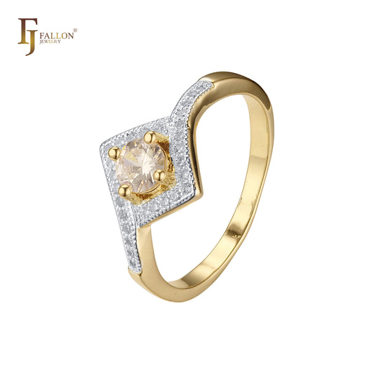 Rhombus paved white CZs solitaire round stone 14K Gold two tone Fashion Rings