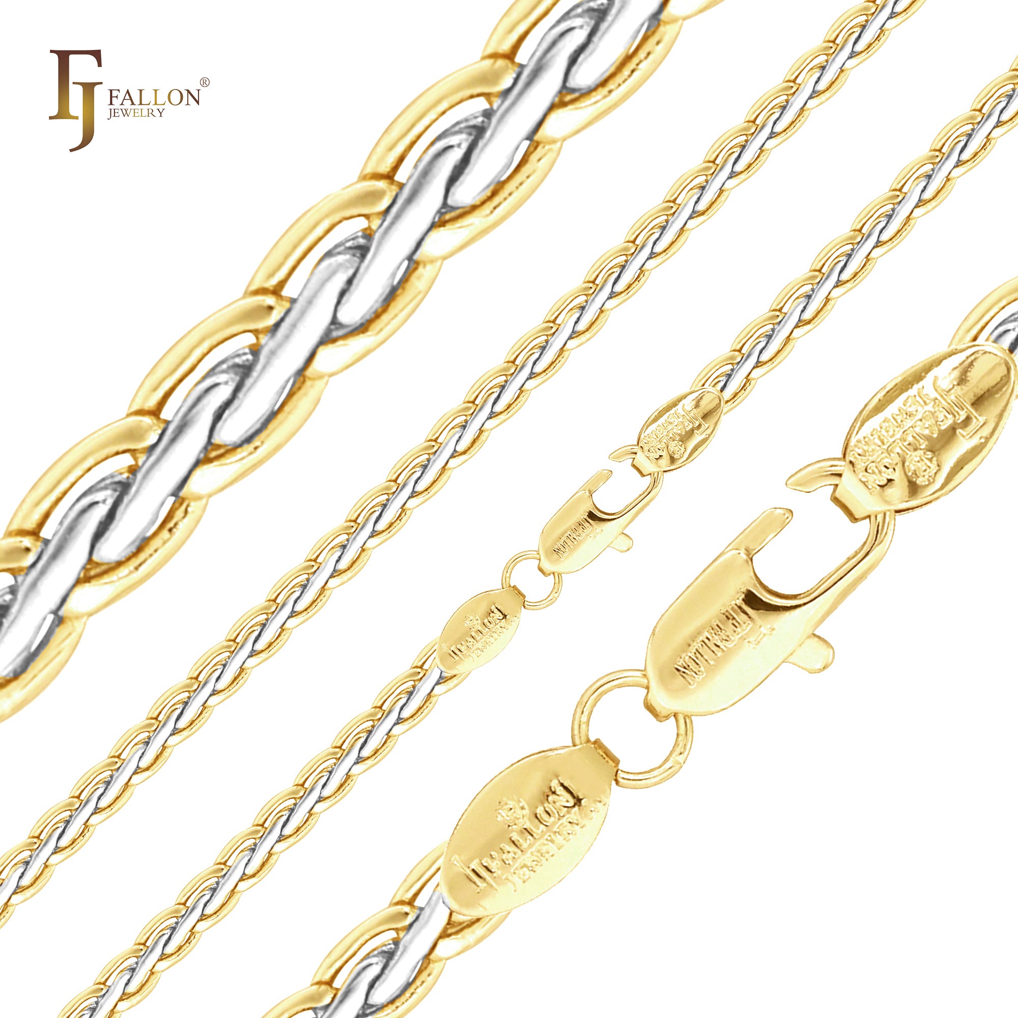 Classic Spiga wheat chains plated in White Gold, 14K Gold, Rose Gold, two tone
