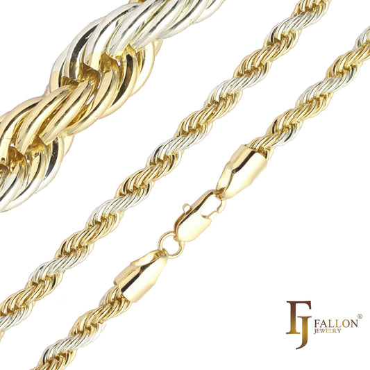 Correntes clássicas de corda francesa banhadas em ouro 18K, ouro 14K, dois tons, ouro branco