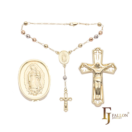 Italian Virgin of Guadalupe Catholic Rosary Necklace (Faceted Disco Beads) plated in 14K Gold, 14K Gold two tone