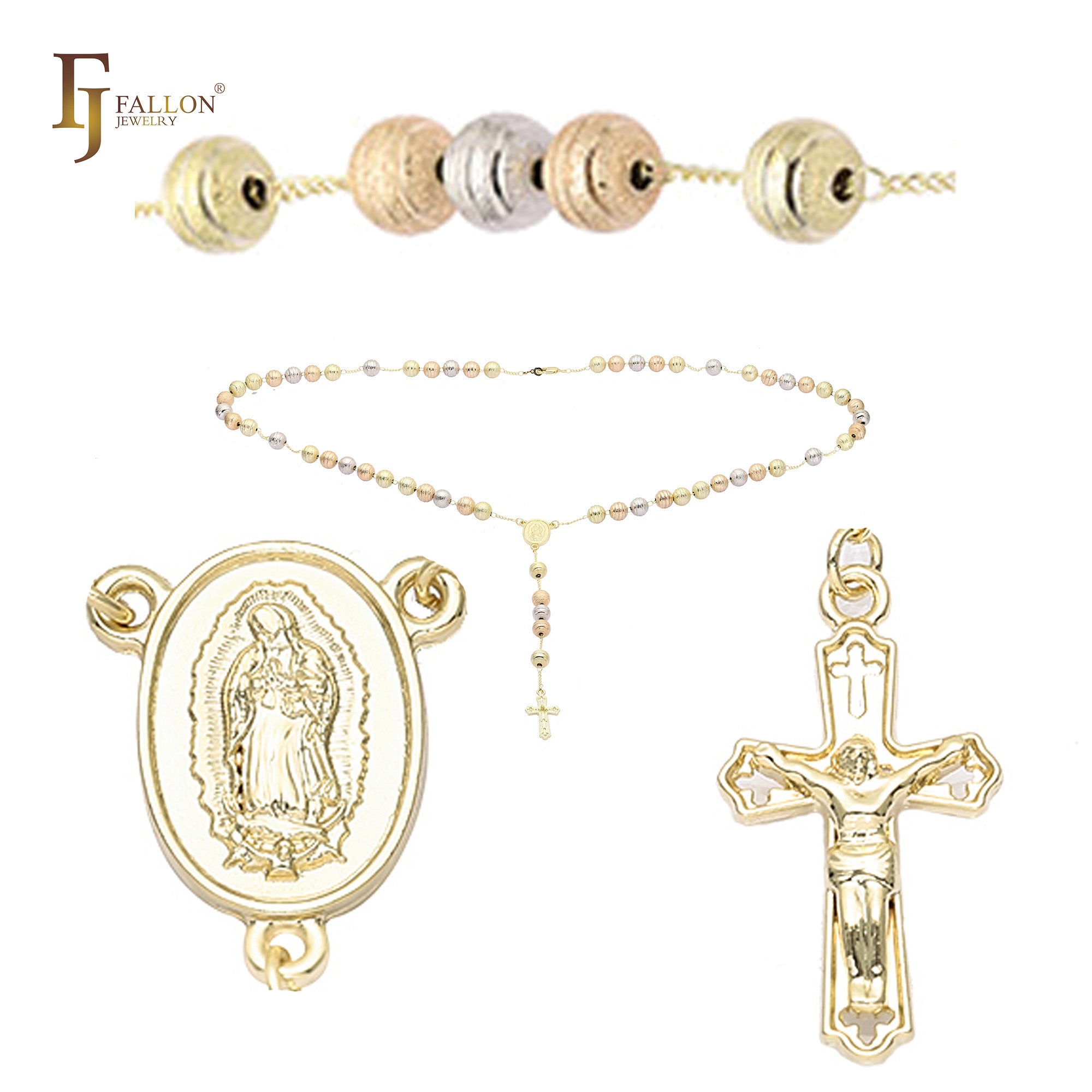 Collar Rosario Católico Virgen de Guadalupe Italiano bañado en Oro de 14K bicolor