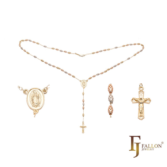 Italian Virgin of Guadalupe Catholic (Hollow Cut-Out Oval Beads) 14K Gold two tone Rosary Necklace