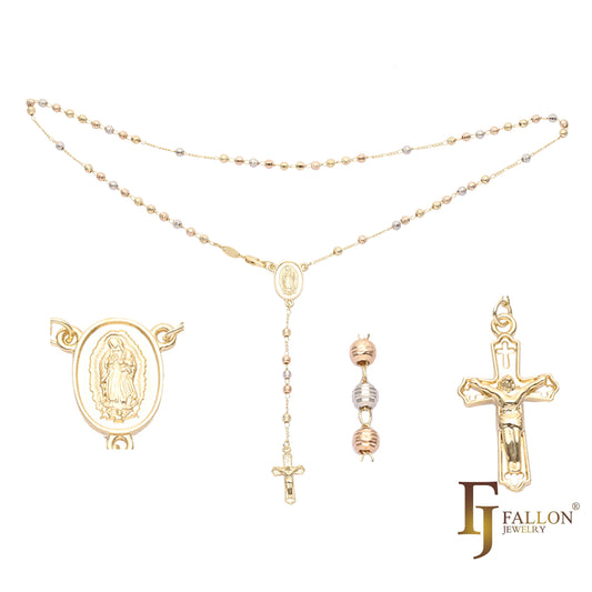 Italian Virgin of Guadalupe Catholic Rosary Necklace (Grooved Beads) plated in 14K Gold two tone