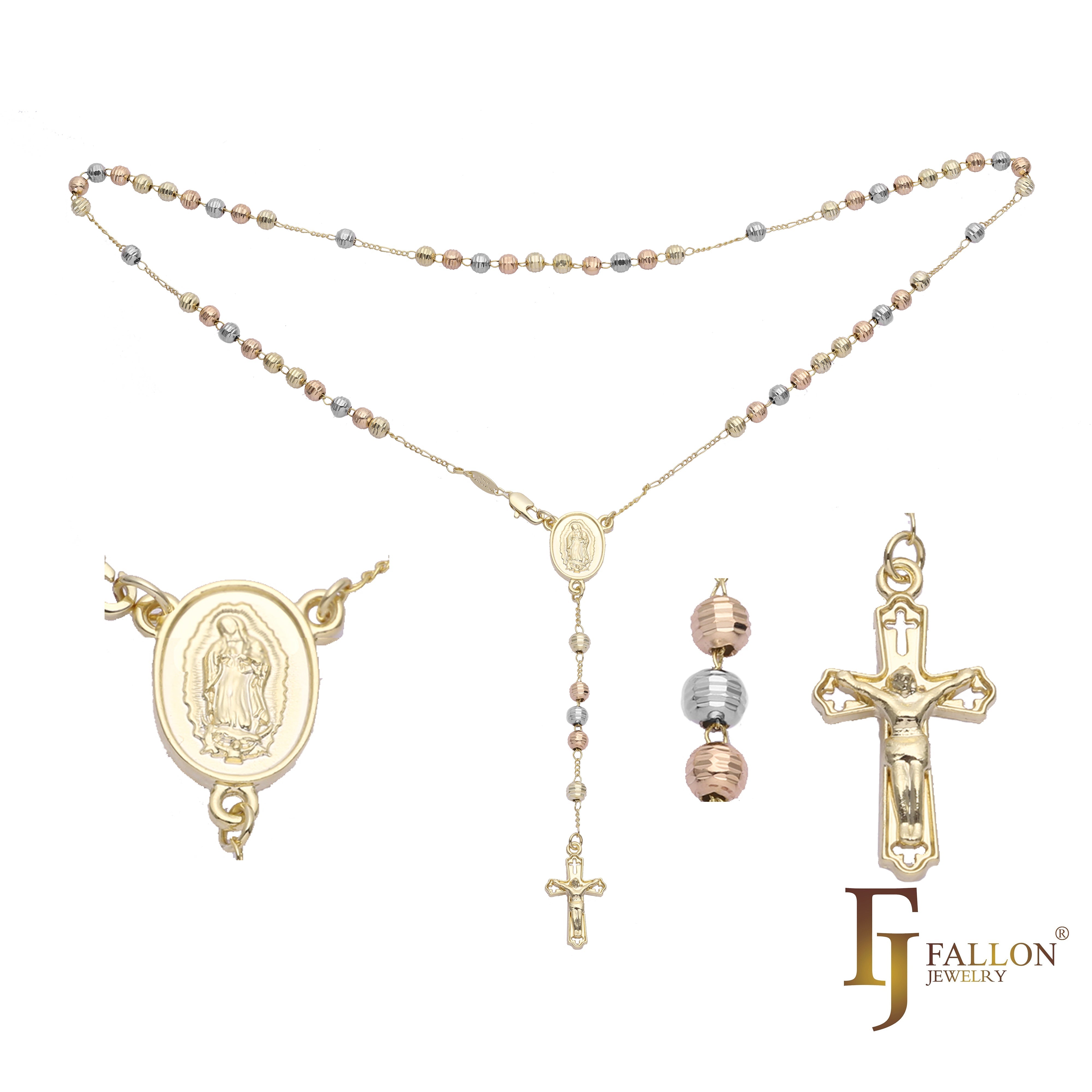 Italian Virgin of Guadalupe Catholic Rosary Necklace (Grooved Beads) plated in 14K Gold two tone