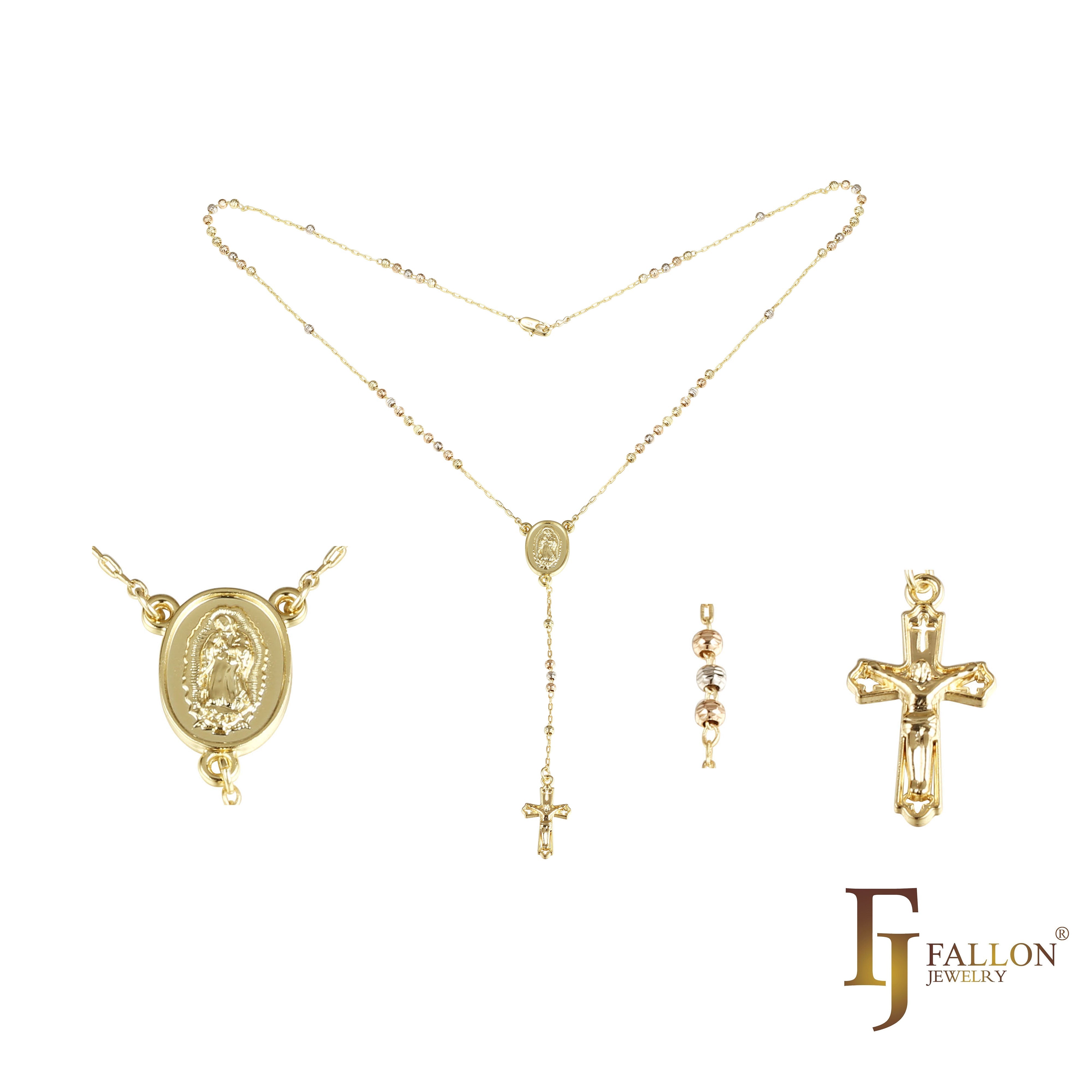 Italian Virgin of Guadalupe Catholic Rosary Necklace (Grooved Beads) plated in 14K Gold two tone