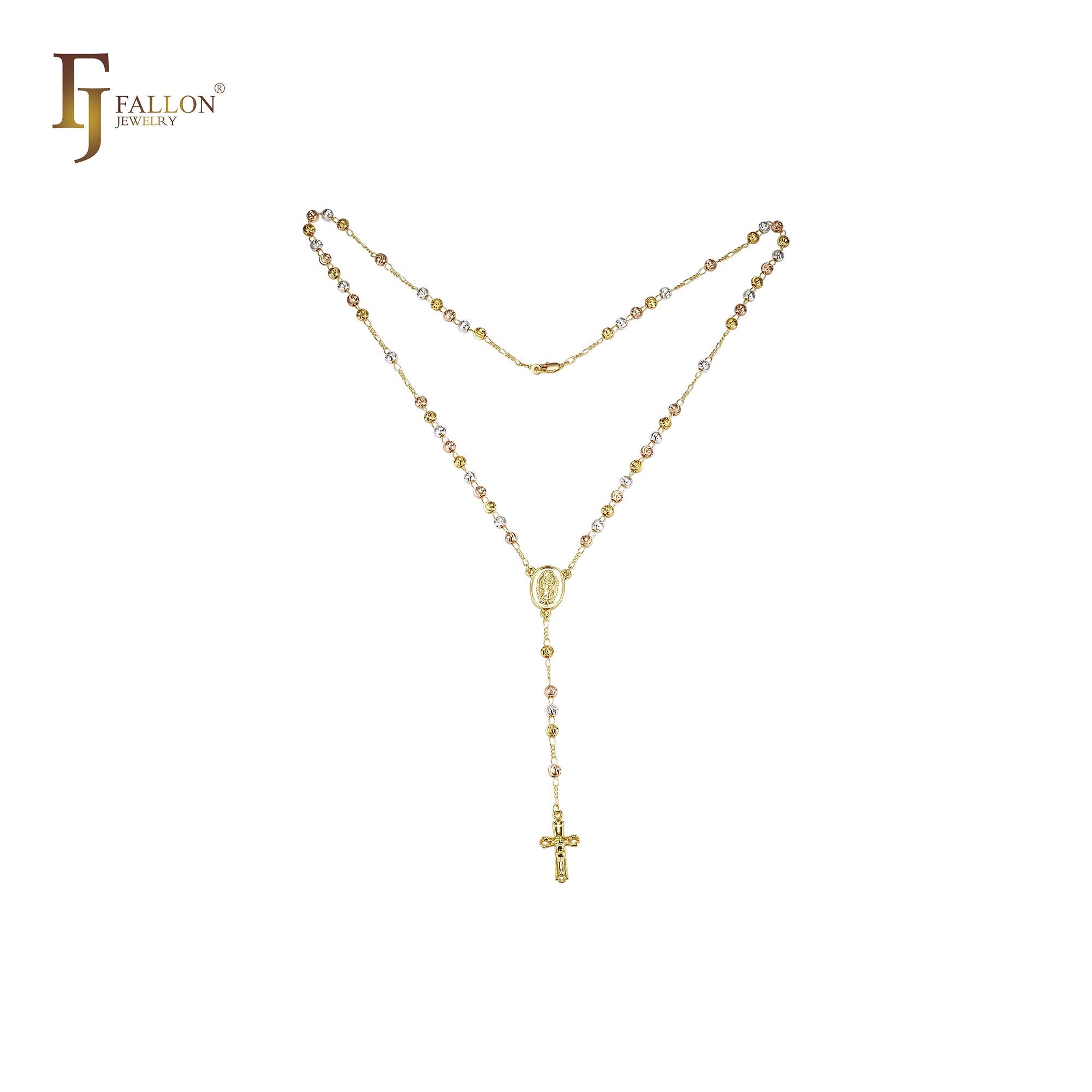 Italian Virgin of Guadalupe Catholic Rosary Necklace (Filigree Lantern Beads) plated in 14K Gold two tone