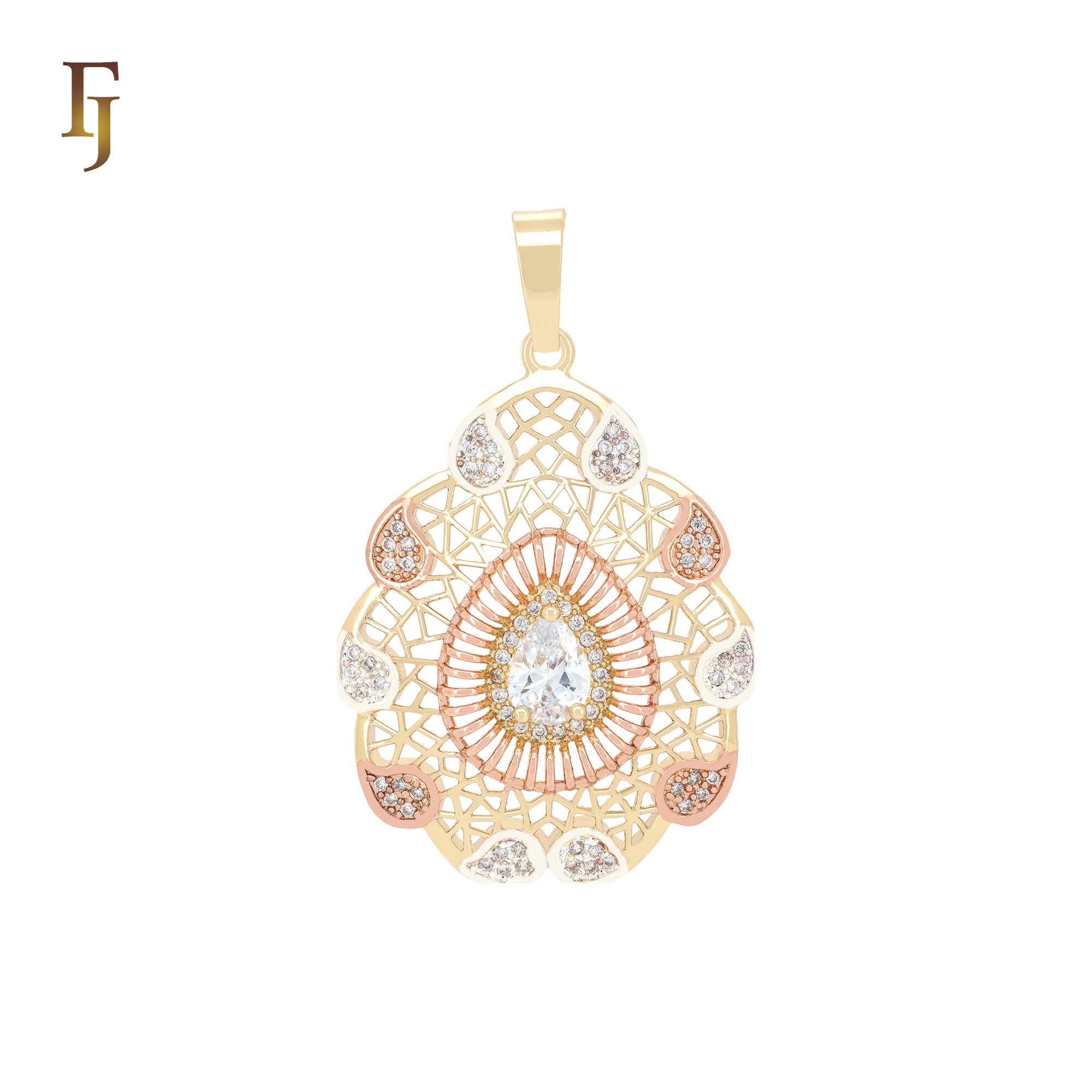 Pear shaped radioactive white CZs paved 14K Gold, three tone Filigree Pendant