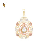 Pear shaped radioactive white CZs paved 14K Gold, three tone Filigree Pendant