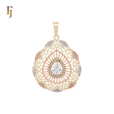 Pear shaped radioactive white CZs paved 14K Gold, three tone Filigree Pendant