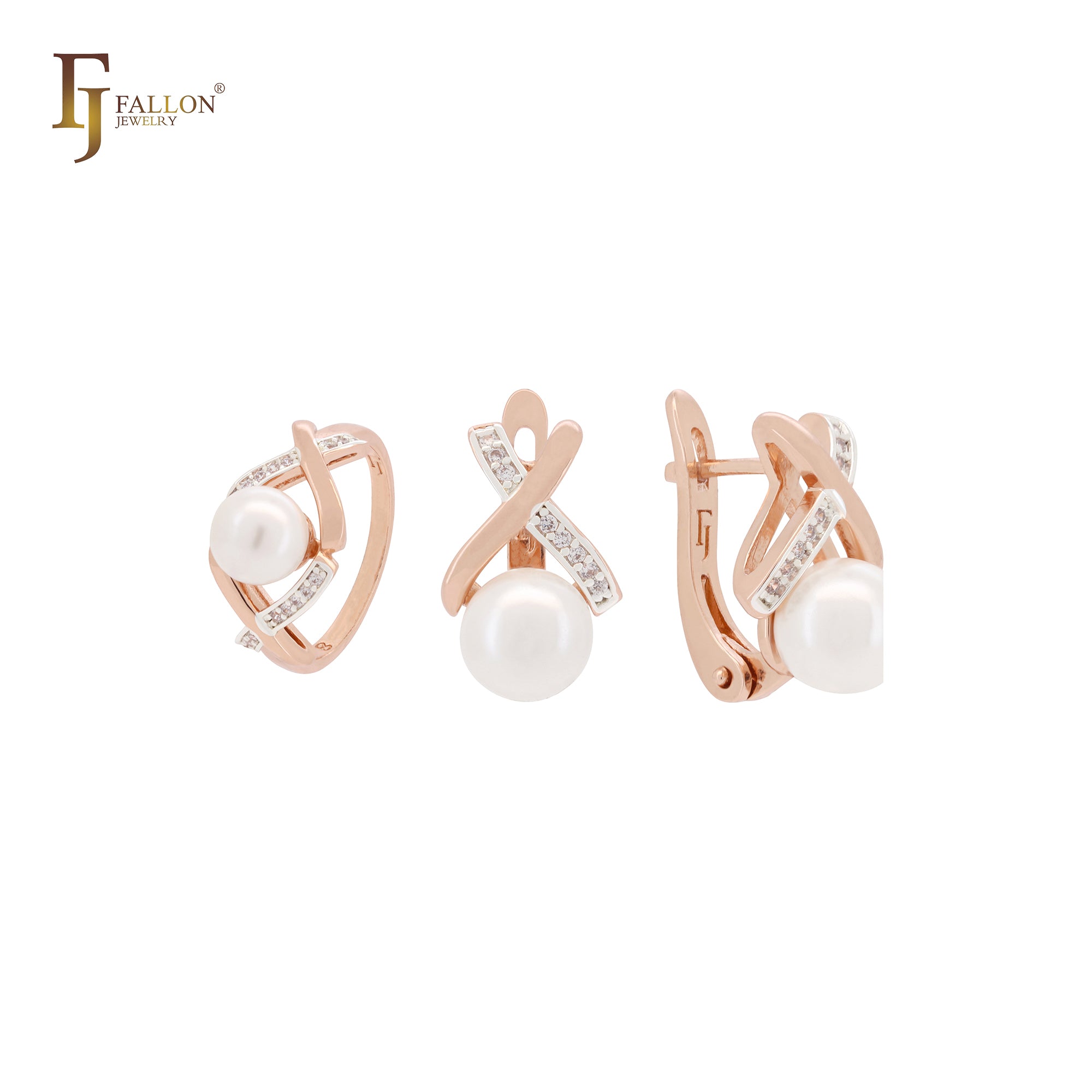 Conjunto de joias em dois tons com zircônias cúbicas brancas entrelaçadas e pérolas em ouro rosa com anéis