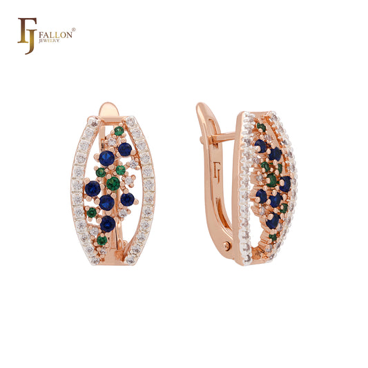 Pendientes de clip de oro rosa de dos tonos con circonitas de colores y cielo estrellado.