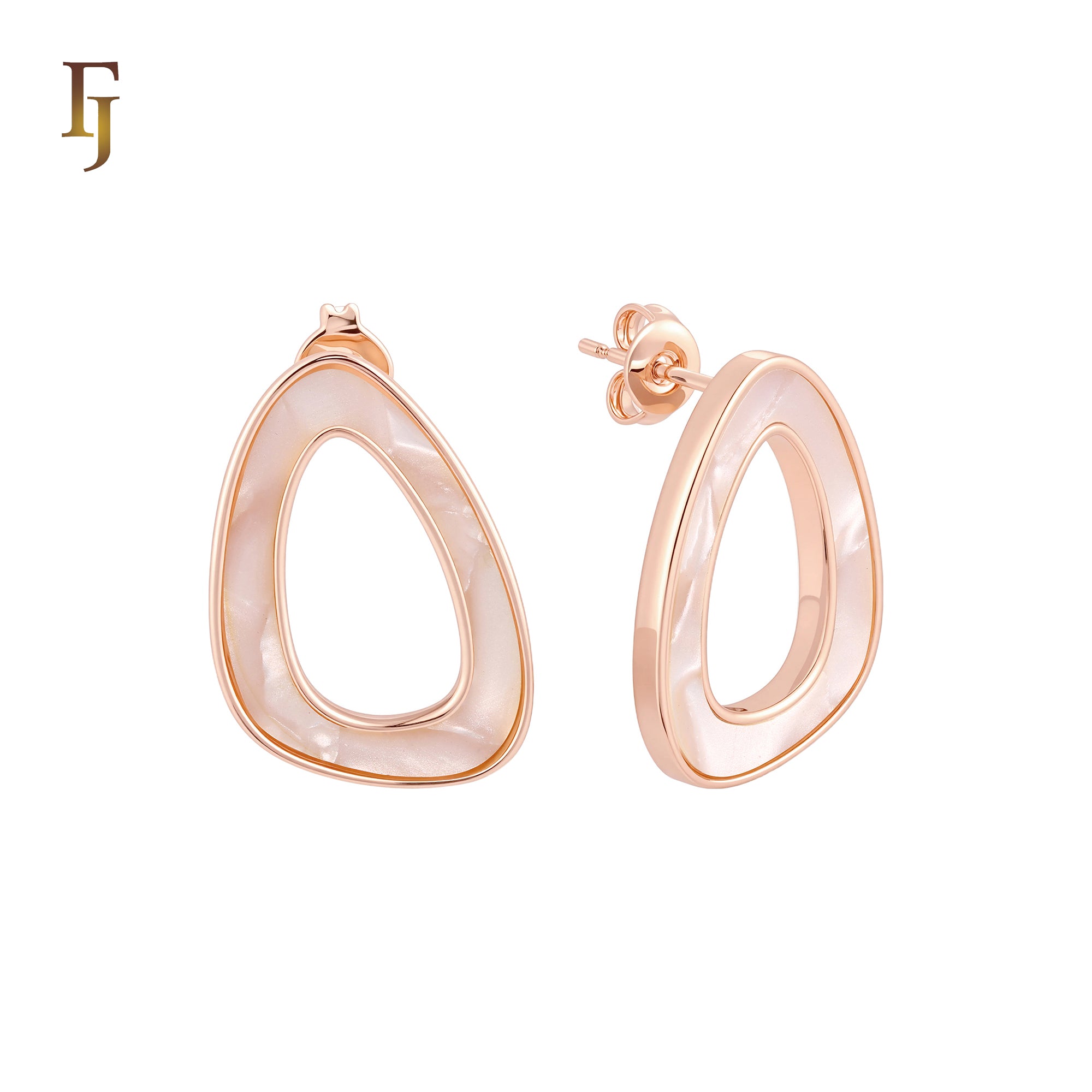 Irregular Hollow rounded shaped of Black or White Onyx 14K Gold, Rose Gold Stud Earrings