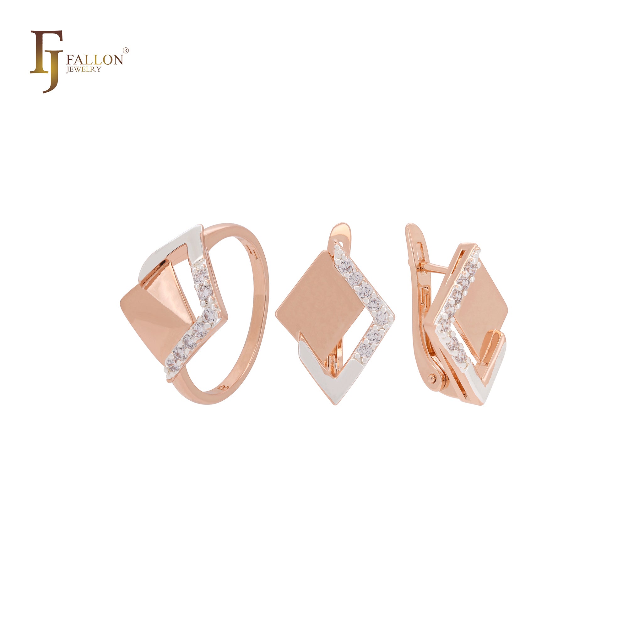 Conjunto de joyas de oro rosa en dos tonos con doble rombo de circonitas blancas y anillos