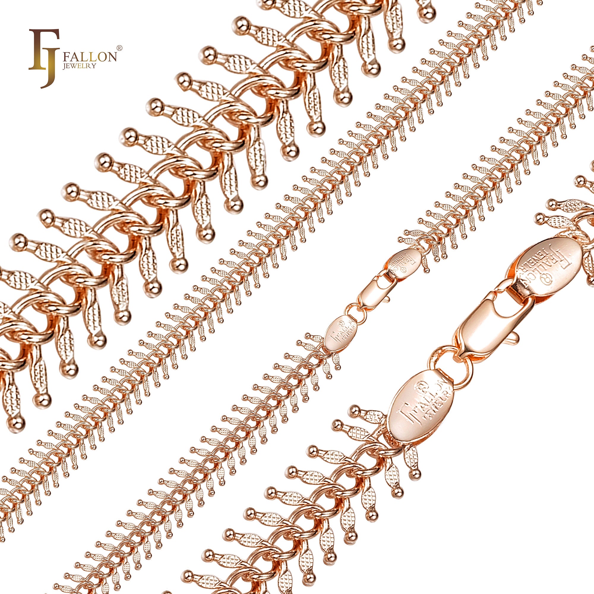 Rose Gold Fish bone link chains plated in 14K Gold, Rose Gold
