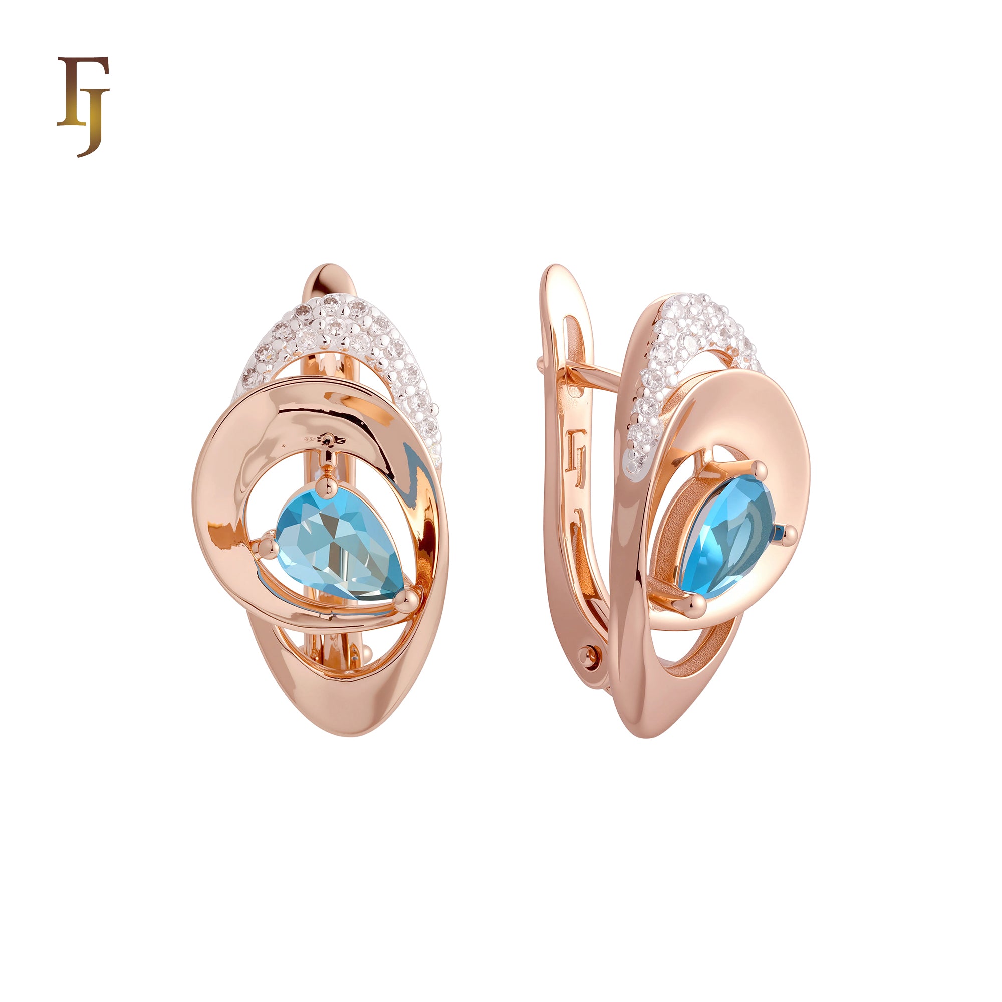 Solitaire Teardrop shape Ocean Blue CZ Rose Gold two tone Russian Lock Earrings