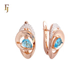 Solitaire Teardrop shape Ocean Blue CZ Rose Gold two tone Russian Lock Earrings