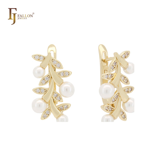 Brincos de pressão com ramos de pérolas em ouro 14K, ouro rosa e ouro branco