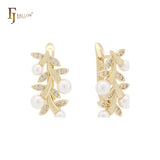 Brincos de pressão com ramos de pérolas em ouro 14K, ouro rosa e ouro branco