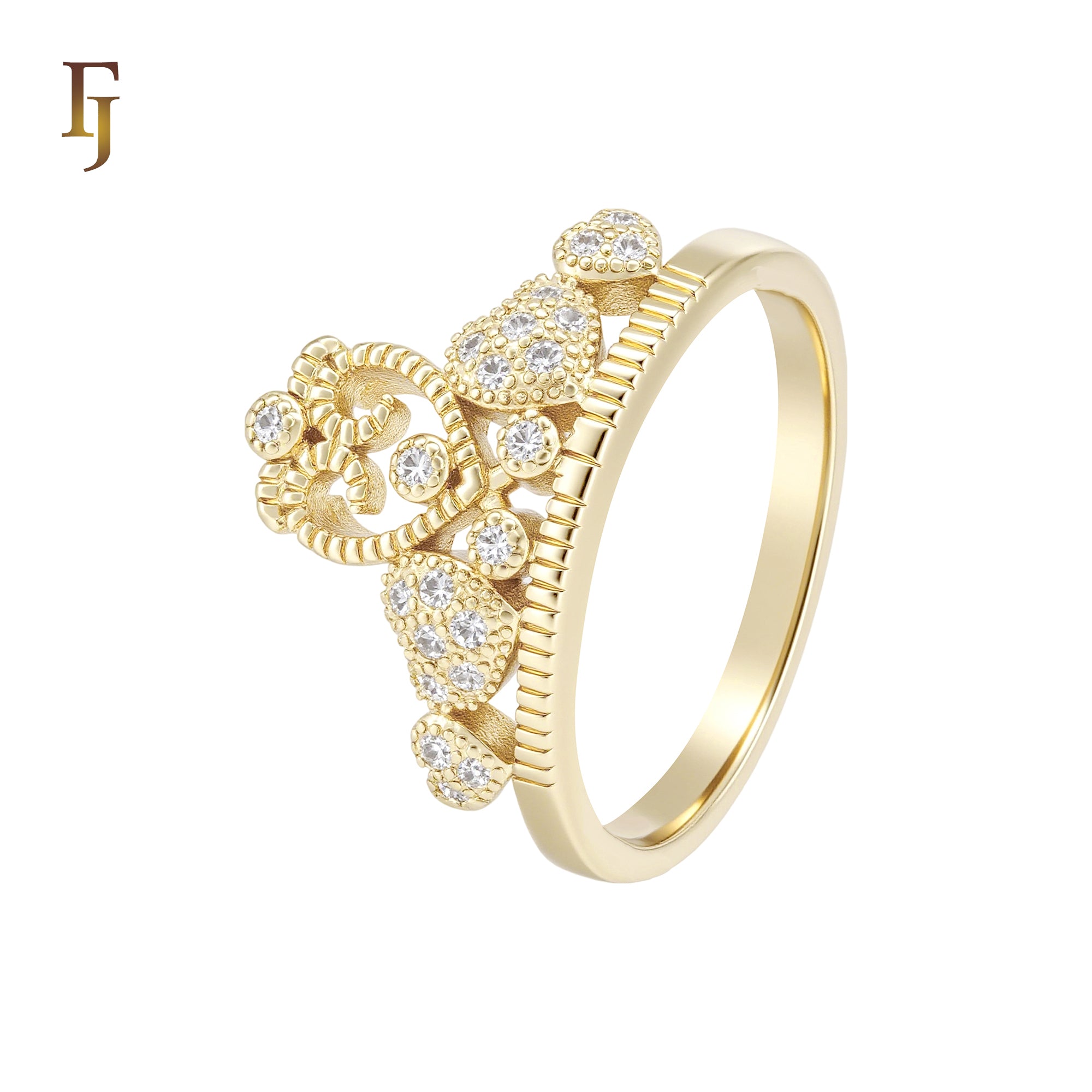 Cluster white CZs Heart 14K Gold Crown Rings