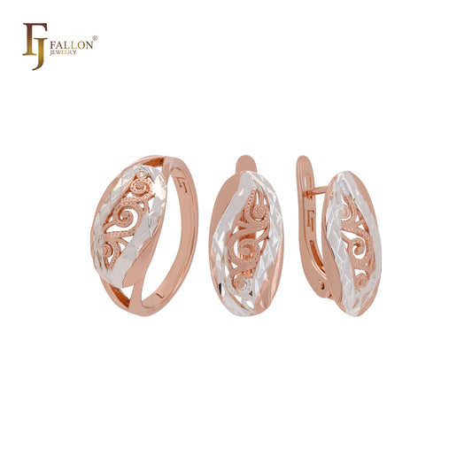 Conjunto de joyas de dos tonos en oro rosa con anillos y ondas nubladas ovaladas de filigrana