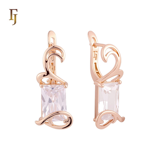 Elegant triangular Solitaire white CZ Rose Gold Russian Lock Earrings