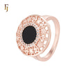 Holow leaves and Flower halo white CZs surrounding Rounded Black Onyx Rose Gold Fashion Rings