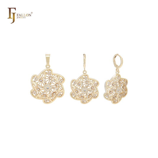 Conjunto de joyas de oro de 14 quilates con copos de nieve y circonitas blancas Kleidoscope con colgante