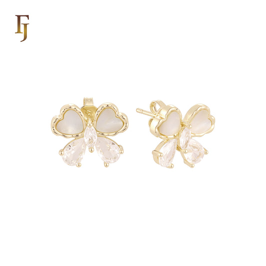 Hearty heart of white CZs and Red or white onyx 14K Gold Stud Earrings