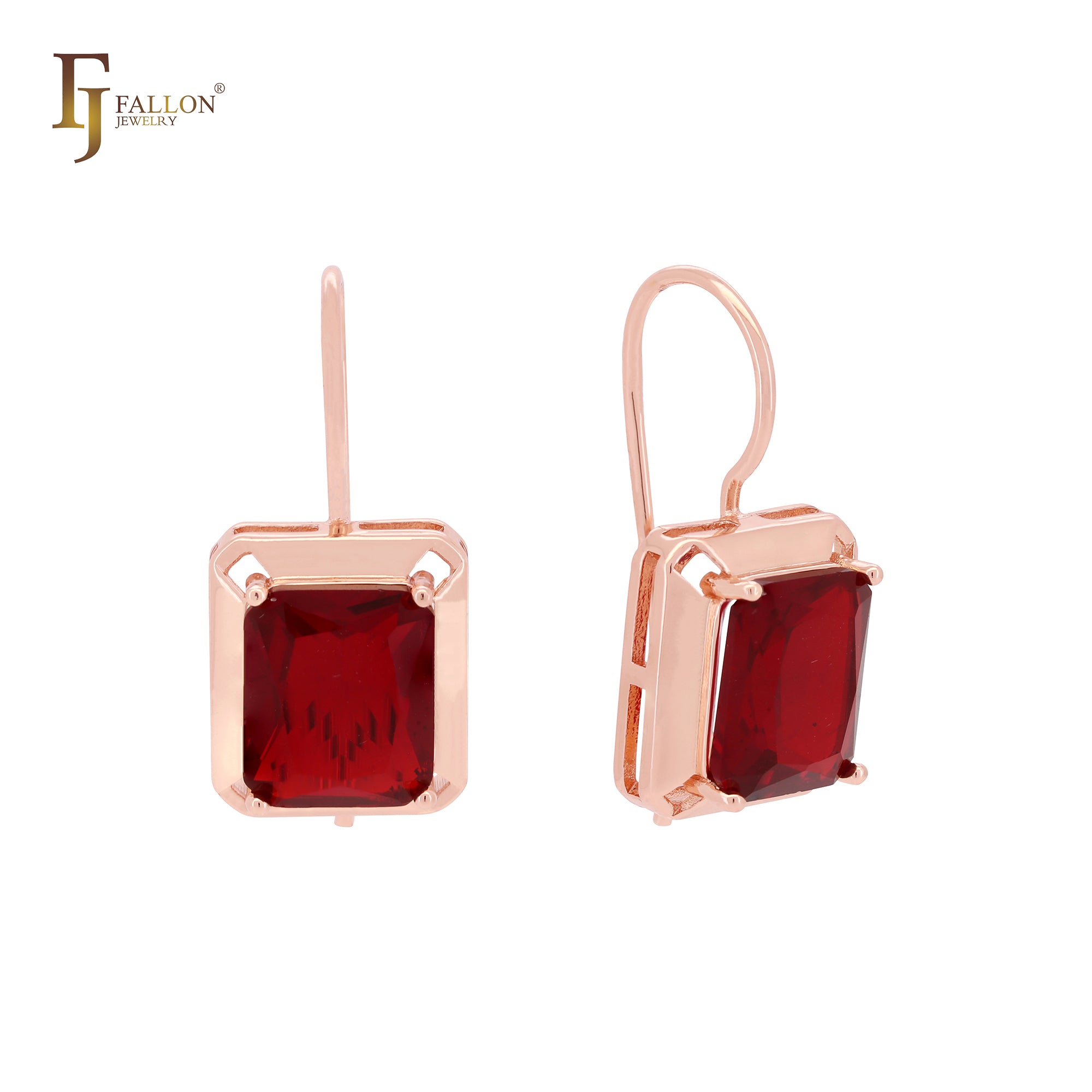 Pendientes de gancho de alambre de oro rosa 585 con solitario de circonita cúbica roja cuadrada grande