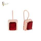 Pendientes de gancho de alambre de oro rosa 585 con solitario de circonita cúbica roja cuadrada grande