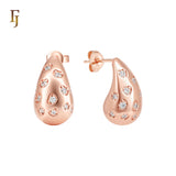 Curved drop of white heart CZs 14K Gold Stud Earrings