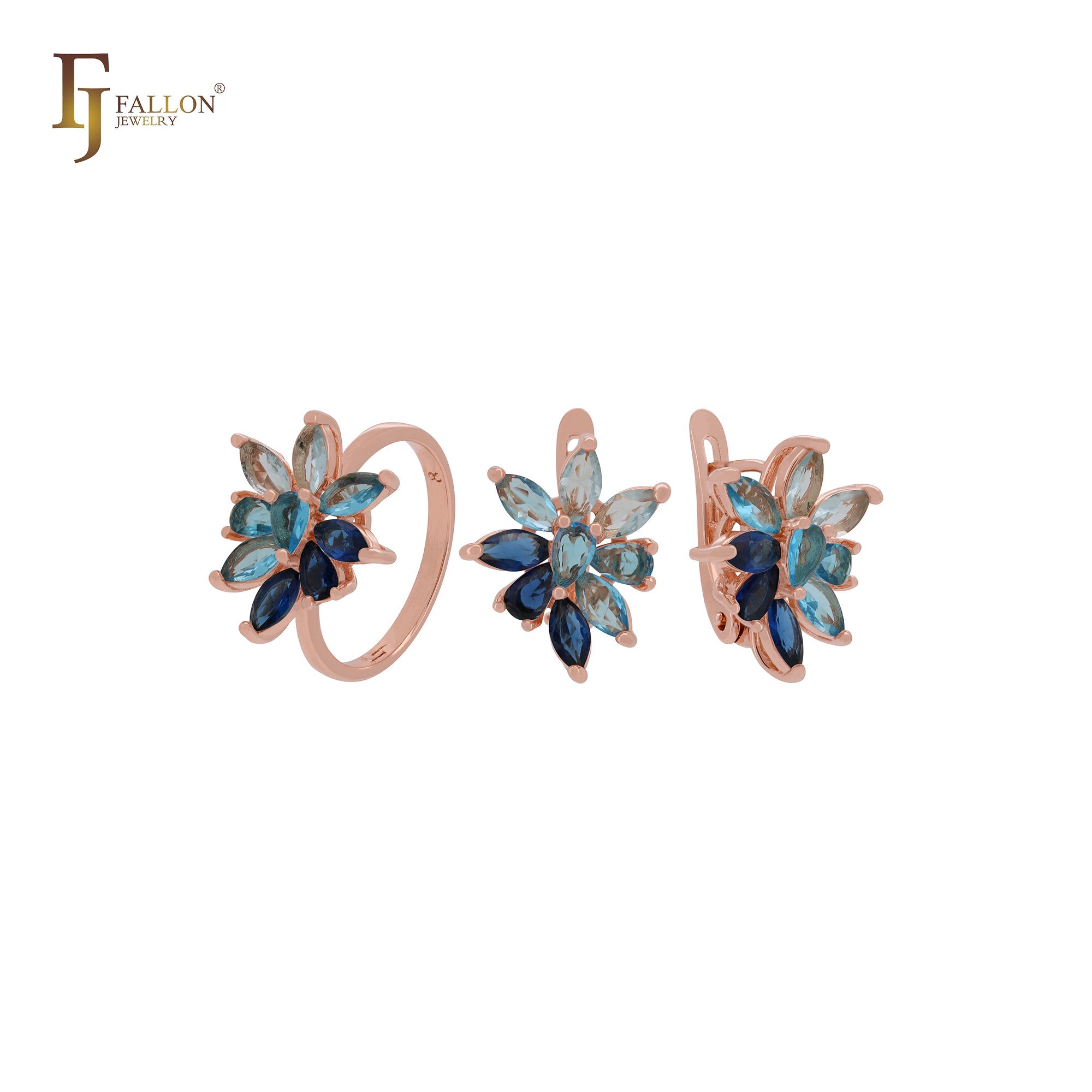 Conjunto de joyas de oro rosa brillante con anillos y lujoso racimo de flores marquesa con circonitas blancas o azules