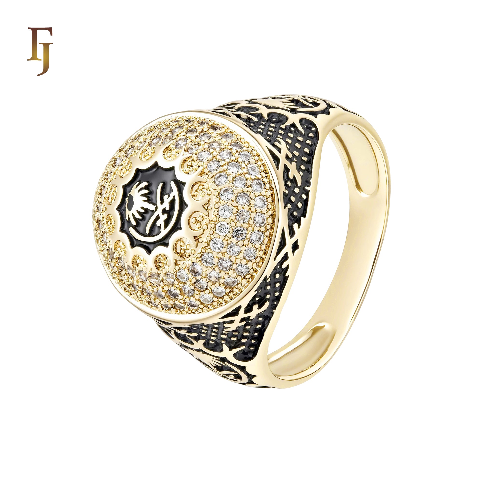 Luxurious Cluster Big white CZs flower painted black Signet 14K Gold Men's Rings