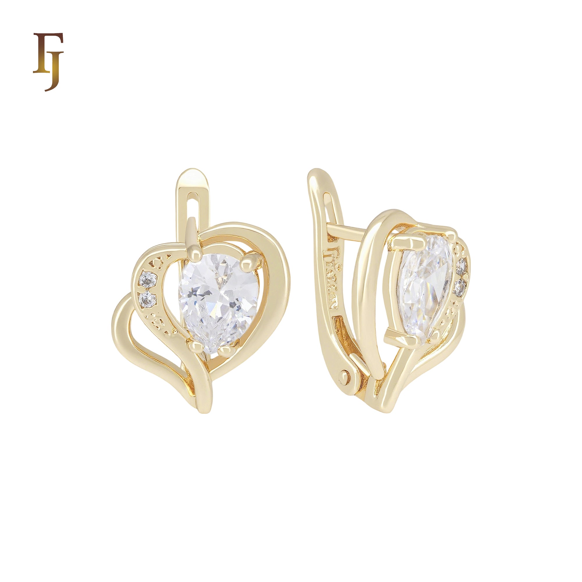 Double Heart white CZs 14K Gold Russian Lock Earrings
