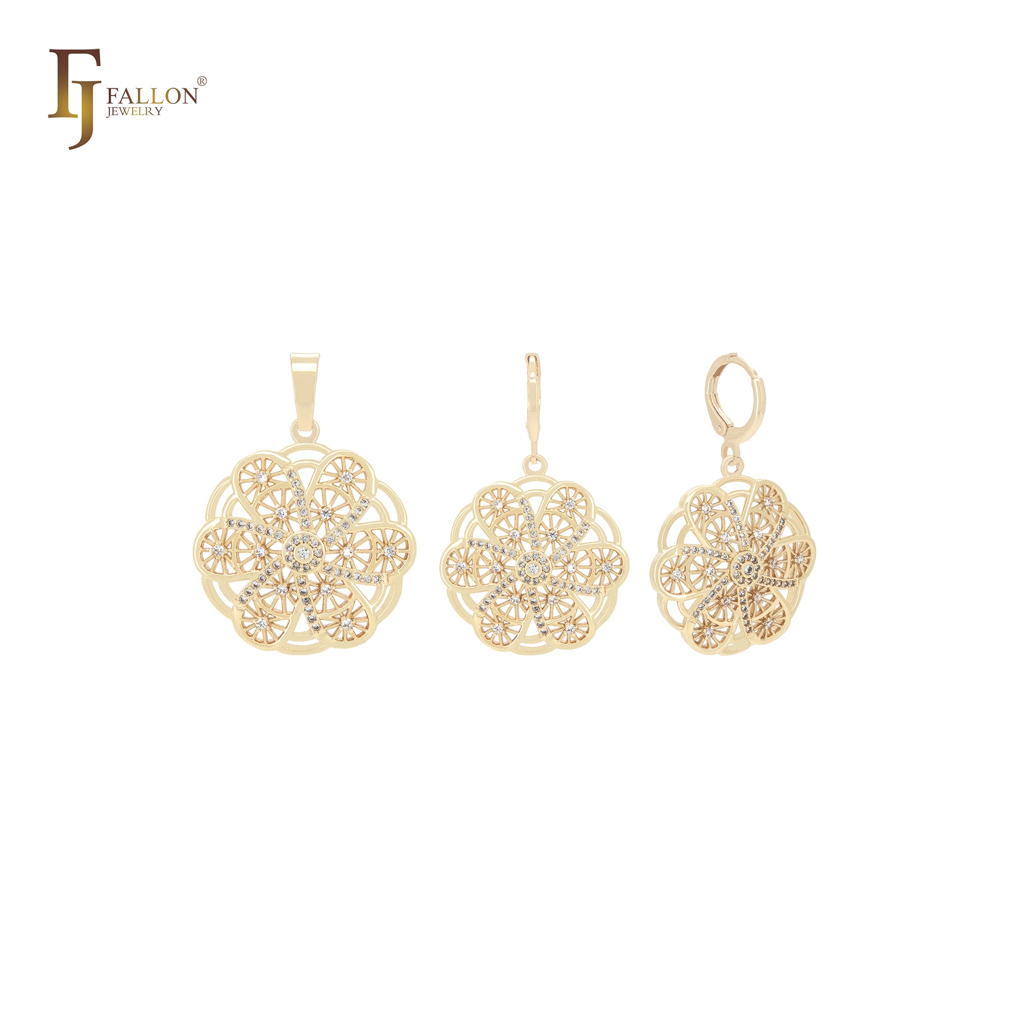 Conjunto de joyas de oro de 14 quilates con colgante y forma de flor de molino de viento hexagonal