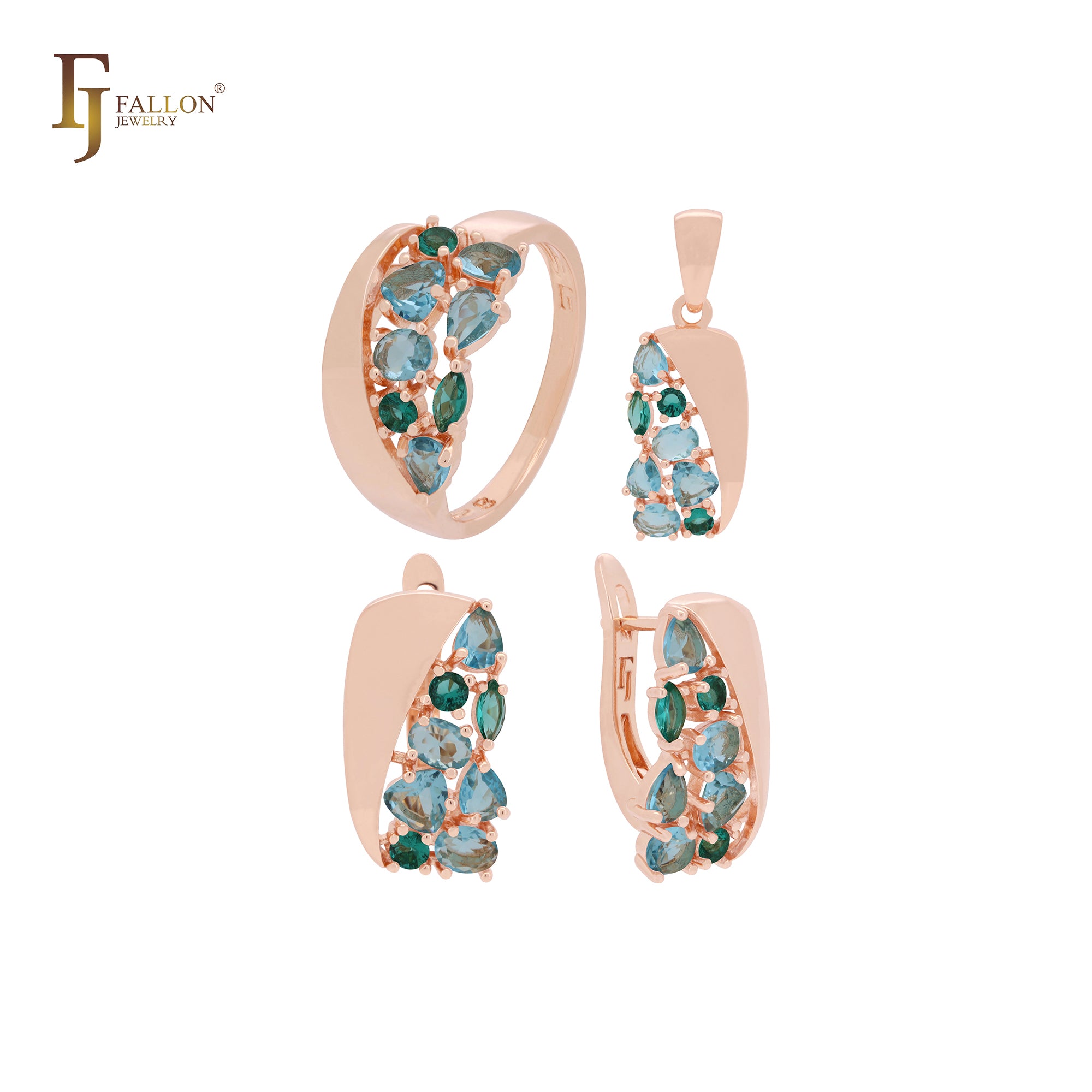 Conjunto de joyas de oro rosa con circonitas azules en racimo, anillos y colgante