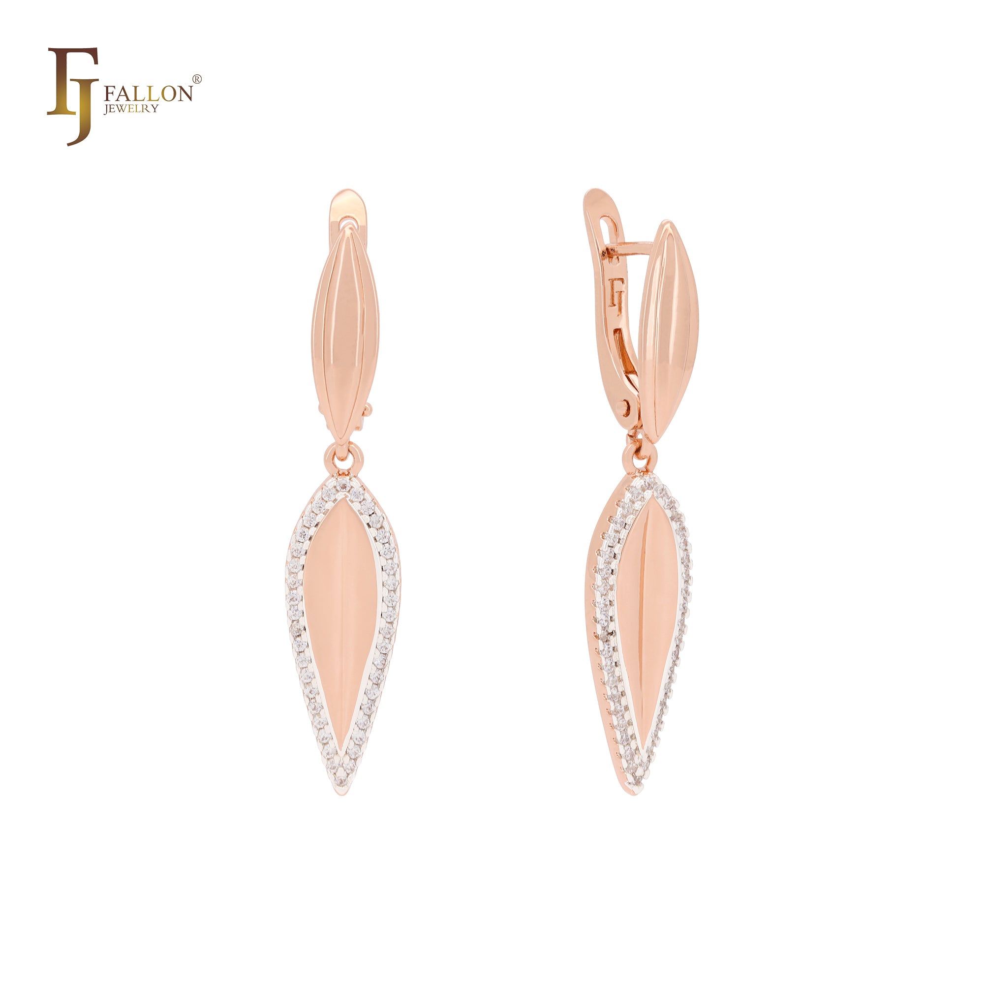 Pendientes de clip bicolor en oro rosa con hojas de marquesa rodeadas de circonitas blancas