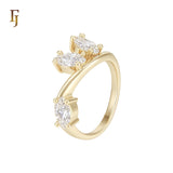 Triple white CZs cluster 14K Gold Fashion Rings