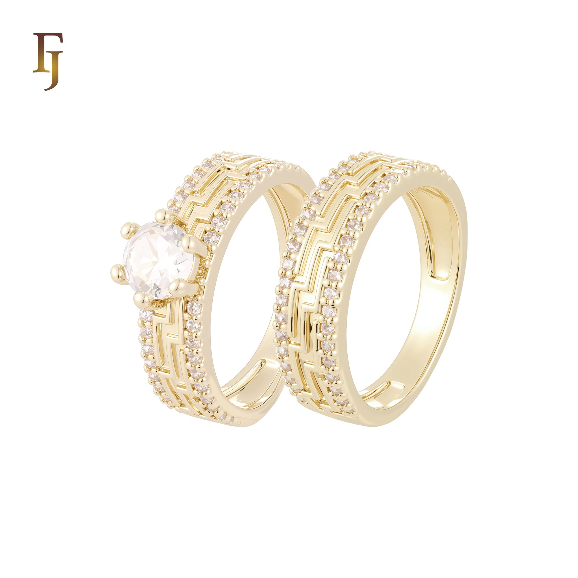 Solitaire white CZs Greek Key Double bands of white CZs 14K Gold, Rose Gold Wedding Set Rings