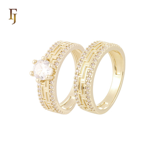 Solitaire white CZs Greek Key Double bands of white CZs 14K Gold, Rose Gold Wedding Set Rings