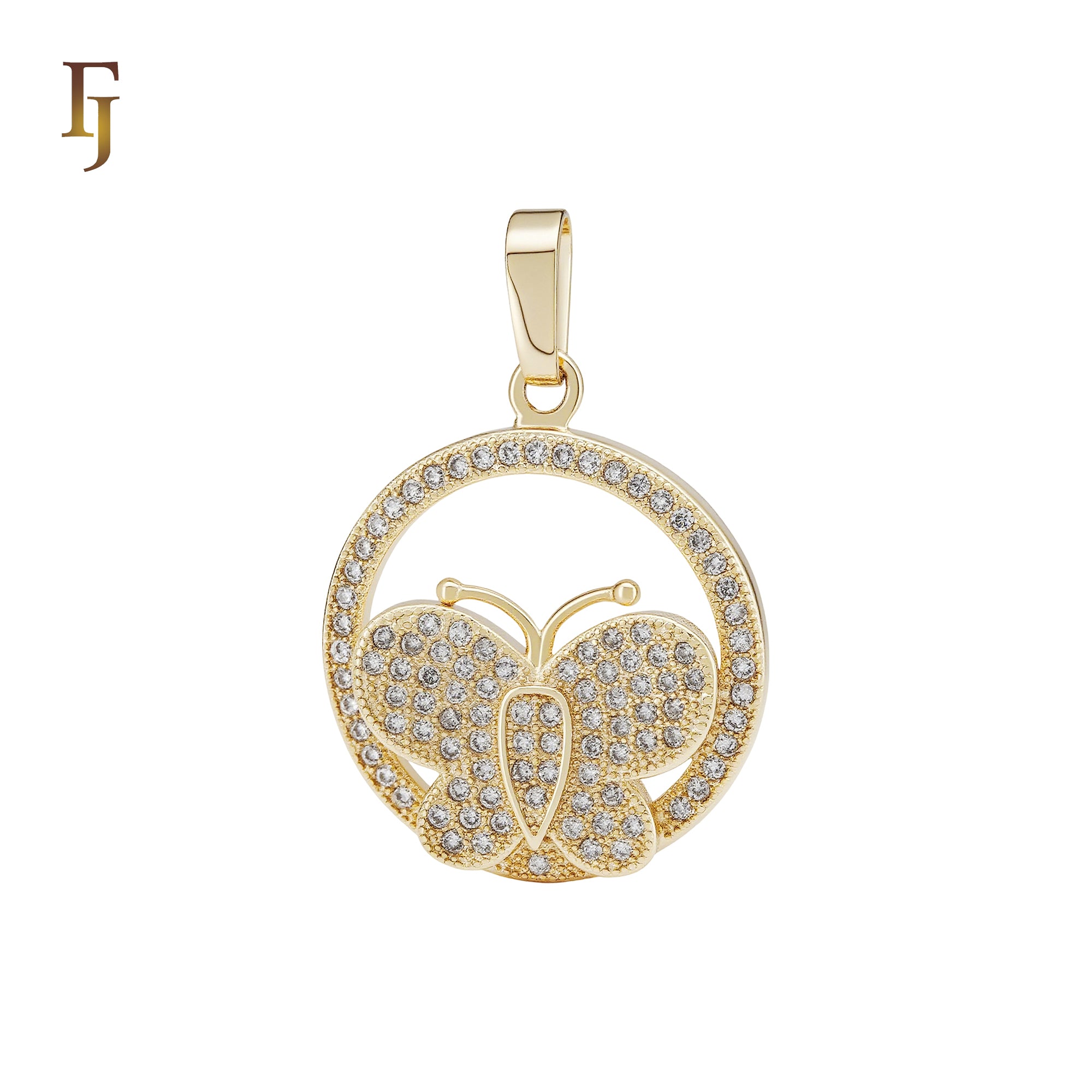 Paved rounded white CZs of butterfly 14K Gold Pendant