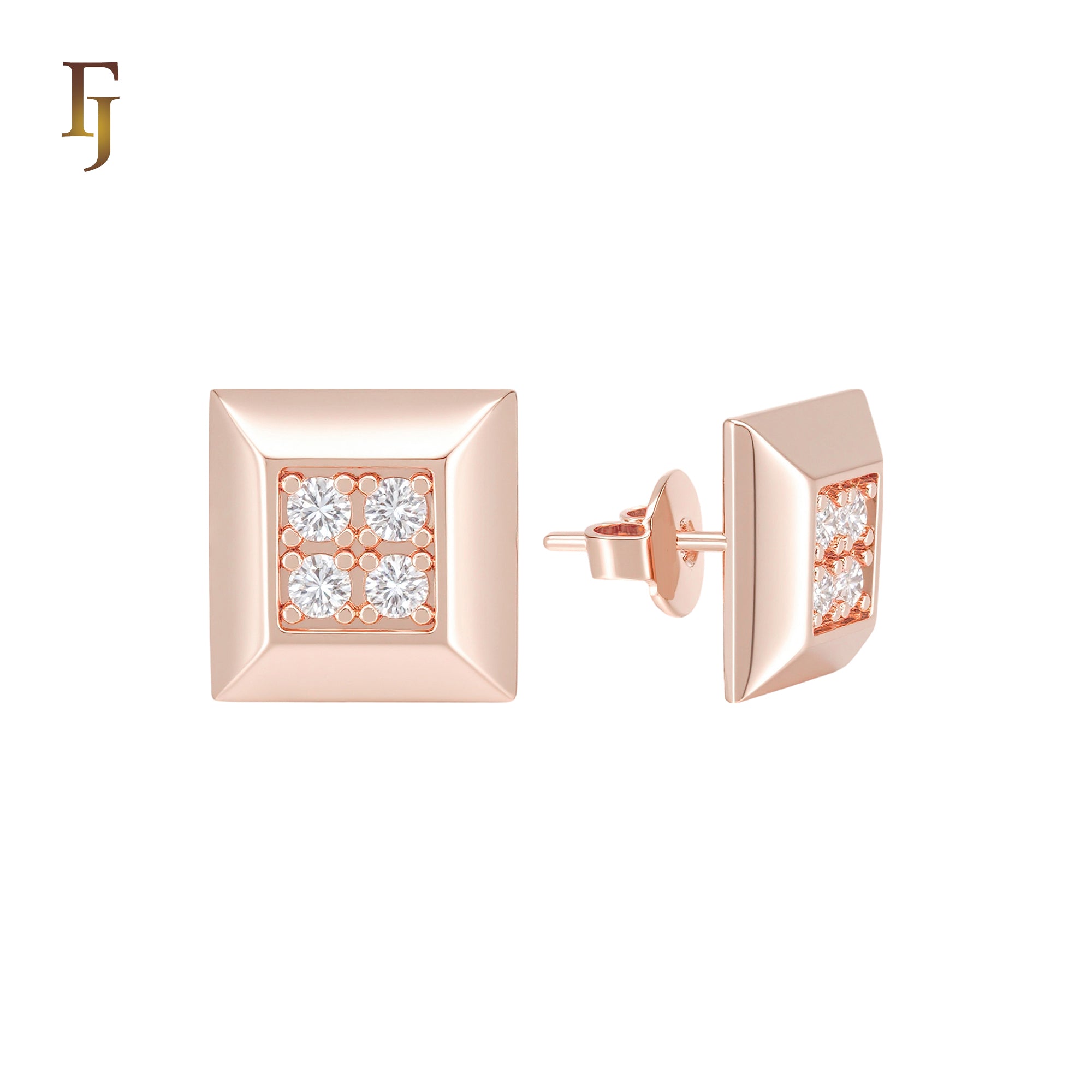 Squared Geometric of four white CZs Rose Gold Stud Earrings