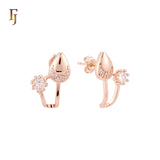 Pear shape crescent and solitaire white CZs 14K Gold, Rose Gold Stud Earrings