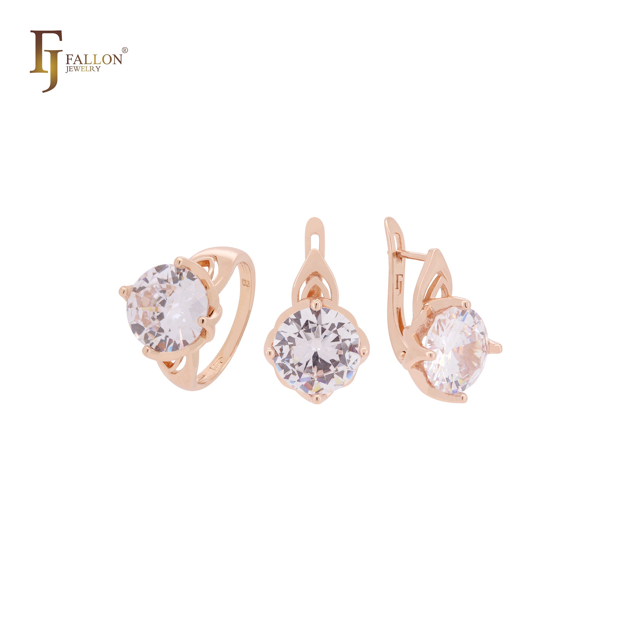 Conjunto de joyas de oro rosa con circonita cúbica blanca de corte redondo y gran solitario con anillos