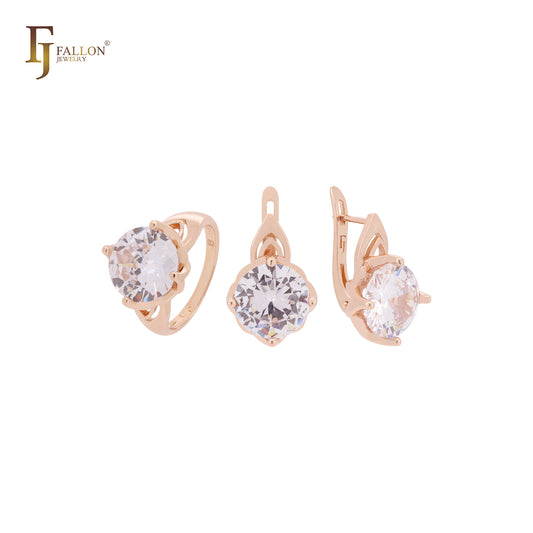 Conjunto de joyas de oro rosa con circonita cúbica blanca de corte redondo y gran solitario con anillos